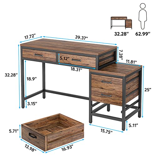Image of Tribesigns Computer Desk with 5 Drawers, Home Office Desks with Reversible Drawer Cabinet Printer Stand, Industrial PC Desk with Storage, Rustic Study Writing Table Workstation for Small Spaces
