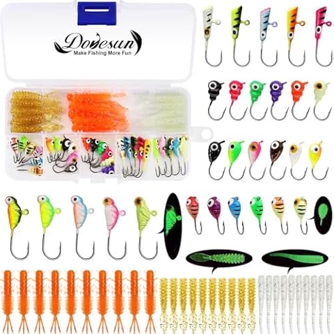 Dovesun Fishing Kit Ice Fishing Jigs Ice Fishing Lures Walleye Fishing Lures Crappie Jigs 58pcs Cover