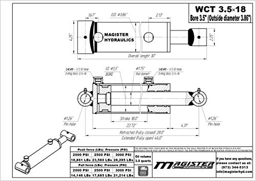 Image of Magister Hydraulic Cylinder 3.5 inch Bore x 18 inch Stroke, Welded Hydraulic Ram with Cross Tube Ends, Double Acting Hydraulic Piston 3500 PSI (WCT 3.5x18)