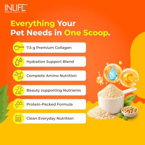 Image of INLIFE Collagen for Dogs & Cats | Hydrolysed Collagen Powder | Clinically Proven Ingredient with Biotin, Vitamin C, Hyaluronic Acid & Glucosamine | Pet Supplement (Orange)