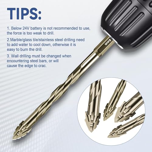 Image of Serplex Power Drill Bits Set, 7-Piece (3-12mm), Alloy Steel Carbide-Tipped, 4-Edge Sawtooth, Hex Shank Hole Opener Industrial Strength Alloy Steel Carbide Drill Bits for Concrete, Tile, Glass, Marble