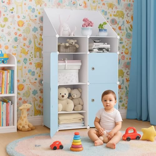 Image of 8-Door Kids Plastic Wardrobe for Clothes | Baby Almirah Plastic Cupboard for Storage | Collapsible Foldable Kids Cupboard Organizer with Shelves for Toys & Clothing (Skublue, 4+3 Cube)