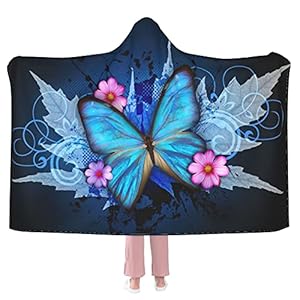 Blue Butterfly Hooded Blanket Anti-Pilling Flannel Wearable Blanket Hoodie-Plush Warm Blanket Throw Blankets Fit for Kids, Adults, Teens