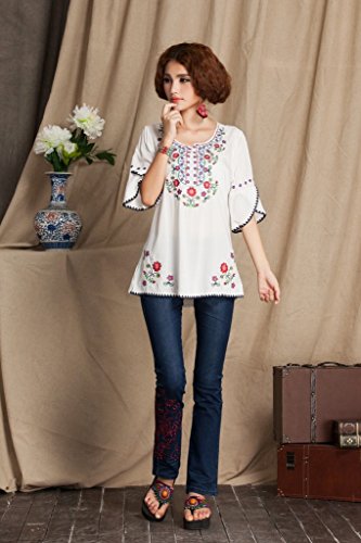 Image of Mexican Shirts Peasant Blouses Cotton Embroidered 3 /4 Sleeve Bohemian Tops Boho Clothes for Women Summer Fiesta