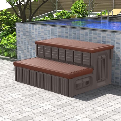 Hot Tub Steps, Outdoor Spa Steps with Storage, Non-Slip & Sturdy Hot Tub Stairs, 36 Inches Long, Coffee/Grey