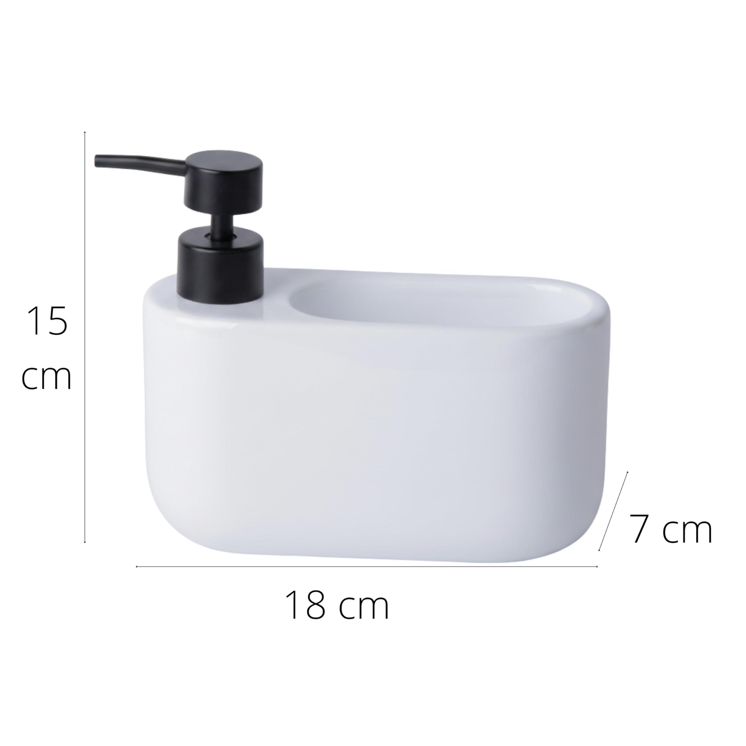 Kook Time Dispensador de Jabón Cocina con Estropajero 520 ml Curve - Dosificador de Cerámica y Soporte para Esponja. Organizador de Fregadero Estrecho. 18 x 7.3 x 15 cm. - Blanco - 2