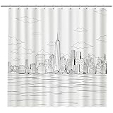 Black and White Fabric Shower Curtain with New York City Skyline | Black and White NYC Skyline Design with Cityscape and Landmarks | Quick Drying Water-Repellent Machine Washable Fabric Shower Curtain