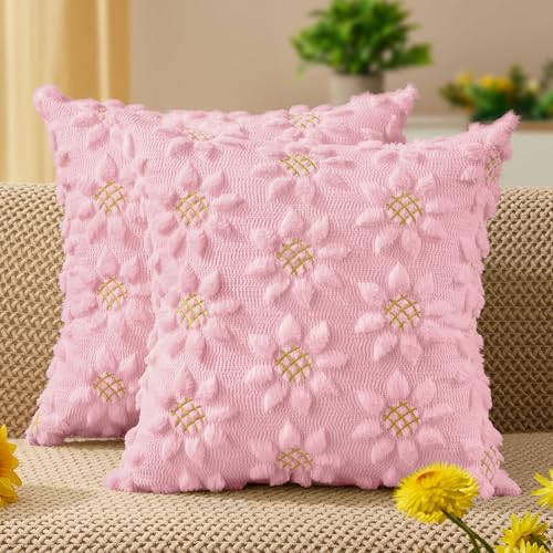 Image of DFXSZ Spring Summer Pillow Covers 20x20 inch Set of 2 Pink Sunflower | Farmhouse Decor Soft Plush Faux Fur Jacquard Throw Pillow Covers|For Spring Holiday Sofa Home Decor