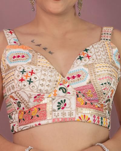 FIGURE'S DESIGNER Women's Mirror Work Sweetheart Neck Sabyasachi Cut Sleeveless Readymade Saree Blouse E162