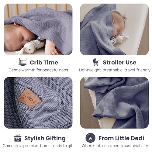Image of 100% Organic Cotton GOTS Certified Baby Knitted Blanket with Gift Box - Soft Toddler, Crib, Stroller Blanket - Neutral Swaddle and Receiving Blanket for Newborns, 30 inchx40 inch, Grey Blue