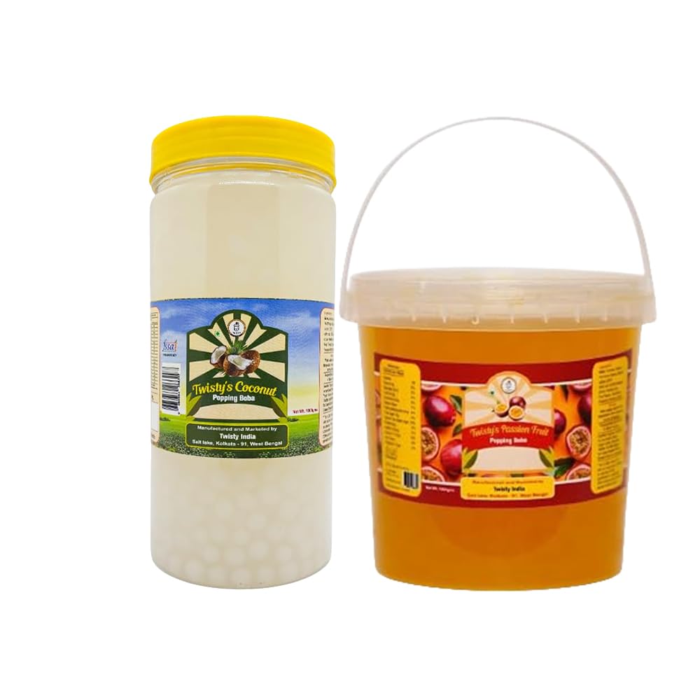 Twisty The Boba Station® Combo Pack of 2 | Popping Boba Coconut & Passion Fruit Flavour 1 Kg Each for Bubble Tea, Milkshakes, Ice Cream & Yogurt | Vegan, 20 Straws Included-image-22