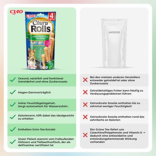INABA Churu Rolls Reich an Hähnchen und Thunfisch Katzenleckerlis | Getreidefrei, Zuckerfrei, ohne künstliche Aromen Katzensnacks 40 g (3er Pack)