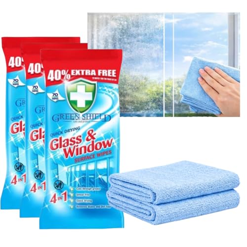 Green Shield Quick Drying Glass & Window Surface Wipes 3 Packs of 70 Large cleaning Wipes Smear Free Cuts Through Grease & Dirt Bundle with 2 WinKido Lint Free Microfibre Reusable Cleaning Cloths