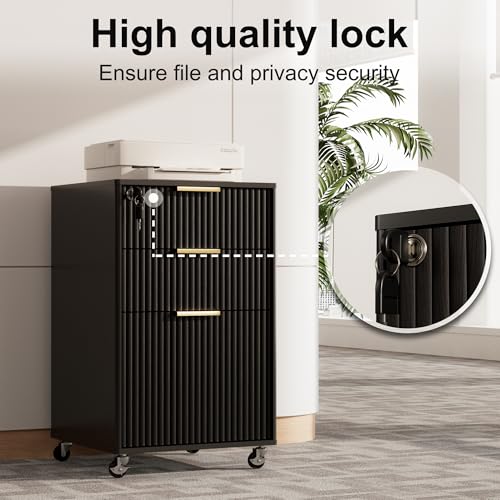 Image of 3 Drawers Fluted Mobile File Cabinet with Lock, Rolling File Cabinet Printer Stand Table, Under Desk Wooden Filing Cabinets for Home Office Essentials Storage Organization Furniture Letters /A4(Black)
