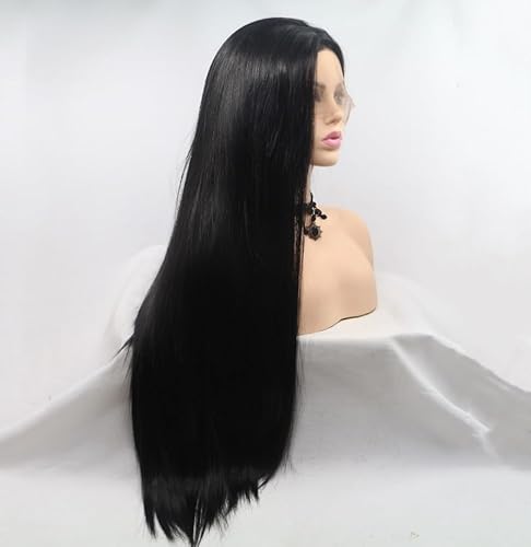 Xiweiya Black Lace Front Black Synthetic 13x3 Lace Front Wigs Long Silky Straight Heat Resistant Hair for Women, Girl Drag Queen Halloween Wig 26" - Image 2