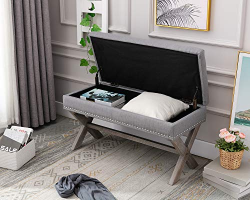 chairus Fabric Upholstered Storage Entryway Bench, Gray 36 inch Bedroom Bench Seat with X-Shaped Wood Legs for Living Room, Foyer or Hallway