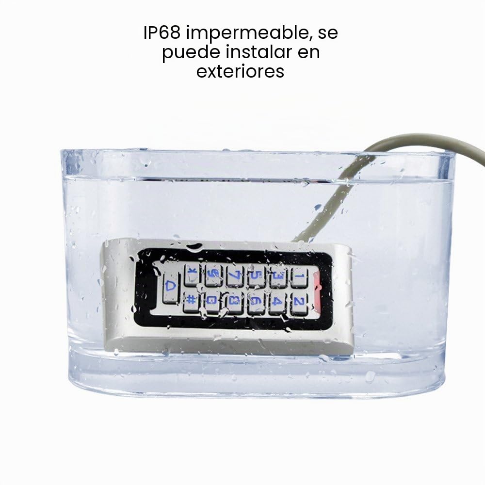 Lector de tarjetas de metal con control de acceso RFID impermeable IP68 + 10 llaveros de proximidad de 125 KHz WG26 2000 usuarios para el hogar y la oficina