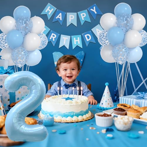 2nd Birthday Decorations For Boy -12 Inch Blue White Balloons, 40 Inch Blue 2 Balloon,, Happy Birthday Banner for Baby Boy 2 Year Old BD Party Decorations by Yumiche - Used condition - Image 3