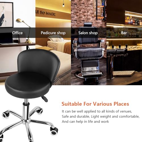 KKTONER Rolling Vanity Chair with Backrest Height Adjustable Office Chair PU Leather Swivel Drafting Stool with Wheels (Black)