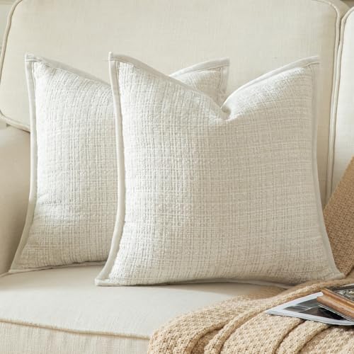 YAERTUN Pack of 2 Chenille Textured Decorative Cushion Covers Accent Solid Throw Pillow Covers Soft Cozy Pillow Case with Velvet Back for Couch Sofa Bed Living Room 16x16 Inch 40x40cm Cream White