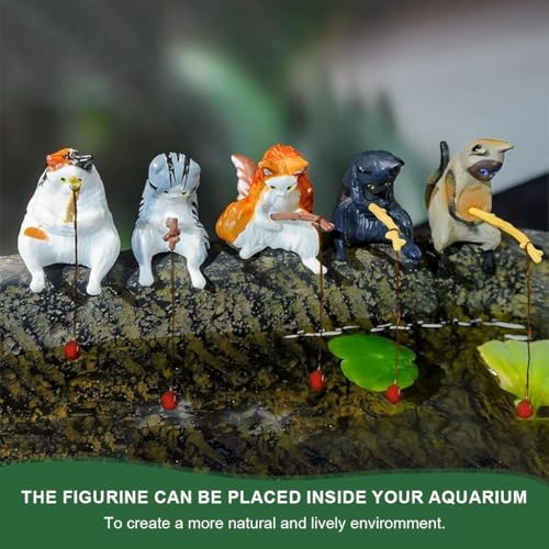 Image of Qpets Fish Tank Accessories, Cartoon Cat Figurines Fishing Kitty PVC Mini Sculptures Desk Decor & Aquarium Ornaments (5-Pack)