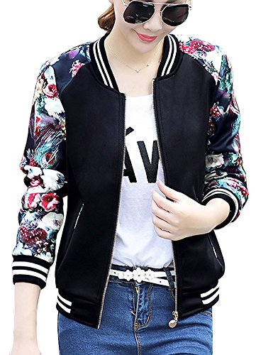 FV RELAY Women's Slim Fit Floral Print Baseball Bomber Jacket Casual Coat Outwear (M, Black)