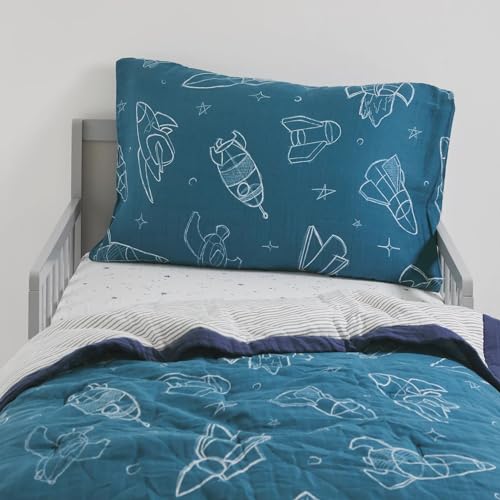 Image of Little Unicorn Toddler Bedding 3-Piece Set | Includes Comforter, Crib Sheet & Pillowcase | Soft & Breathable Muslin Fabric | for Convertible Cribs & Toddler Beds (Blast Off)