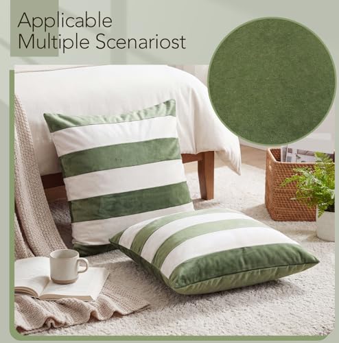 Image of Flutesan 2 Pack Velvet Stripes Throw Pillow Covers - 18x18 Inch Green and White Velvet Pillow Cover Decorative Modern Square Cushion Cases for Sofa Couch Bed Chair Living Room Decor