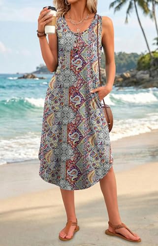 Image of WIHOLL Summer Dresses for Women 2026 Button Front Sleeveless Casual Midi Dress Beach Vacation Sundresses with Pockets