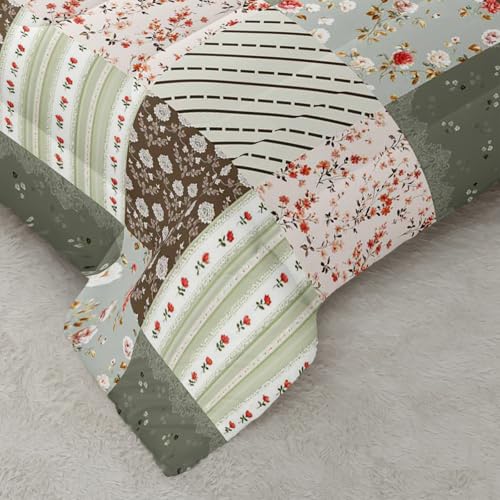 Image of AILONEN Green Brown Patchwork Comforter Set Full Size, Plaid Floral Striped Bedding with 2 Pillowcases for Girls Women 3Pcs