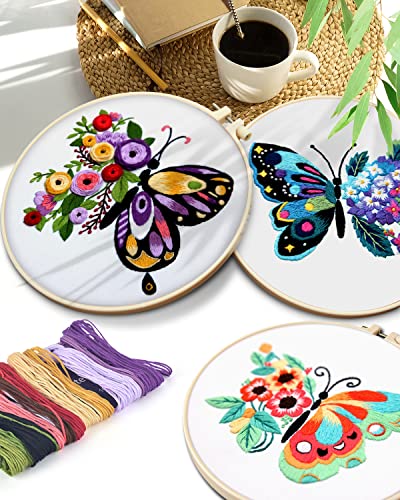Image of TINDTOP 3 Sets Embroidery Stitch Practice kit, Butterfly Flower Embroidery Kit for Beginners Include Cloth Hoops Threads for Craft Lover Hand Stitch with Embroidery Skill Techniques | 3 Sets for Beginners Include Cloth Hoops Threads for Craft Lover Hand Stitch with Embroidery Skill Techniques