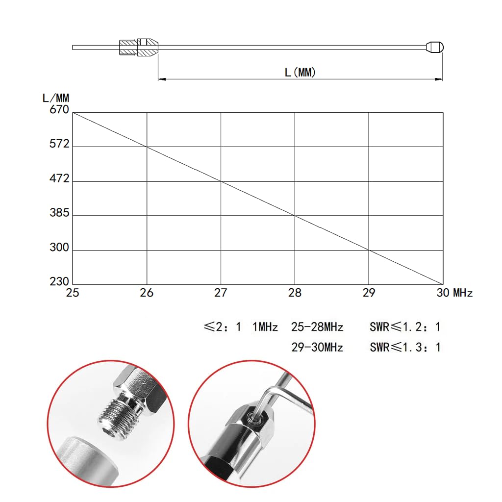Radioddity CBL-561 Antena HF de doble banda, antena telescópica ajustable 25-30 MHz, SWR≤1.3:1, 1000W, conector PL-259 para radio móvil Radioddity CB-900 PRO, CB-500, CS-47, CB-27PRO, QT40, QT60, QT80