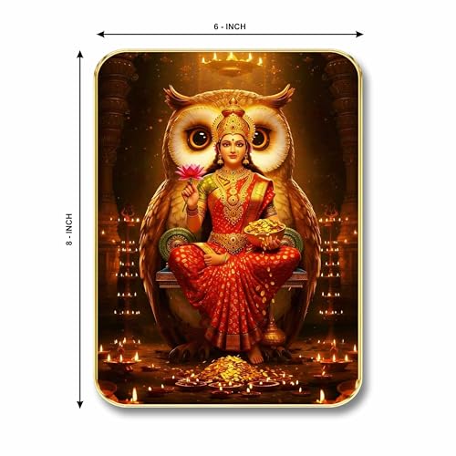Image of SAF Divine Maa Lakshmi Owl Wall Art with Table Top Stand & Wall Hanging Hole | Premium MDF Religious Painting for Mandir Living Room Office Home Decor Gift