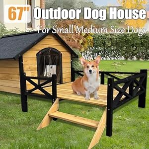 Large Wooden Dog House Outdoor with Porch, 67” Outside Dog Kennel with Weather-Resistance Roof and PVC Curtain, Wood Pet House Used Indoor Outdoor for Small Medium Dogs Cats Pets