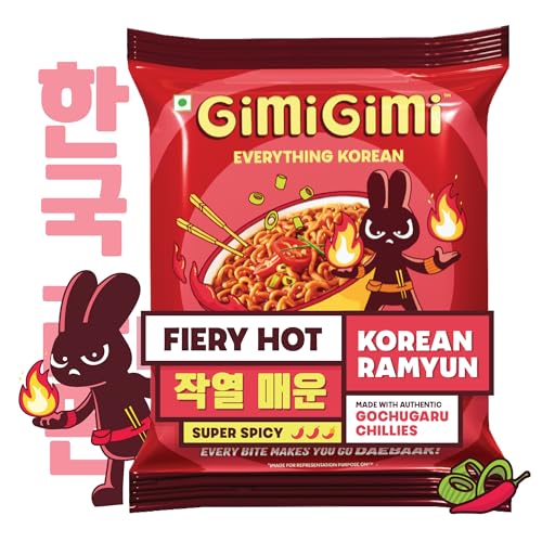 Image of GIMI GIMI - Fiery Hot (Pack of 2), 125g each | Veg Korean Ramyun | Authentic Gochugaru Chillies | Thick & Bouncy Noodles
