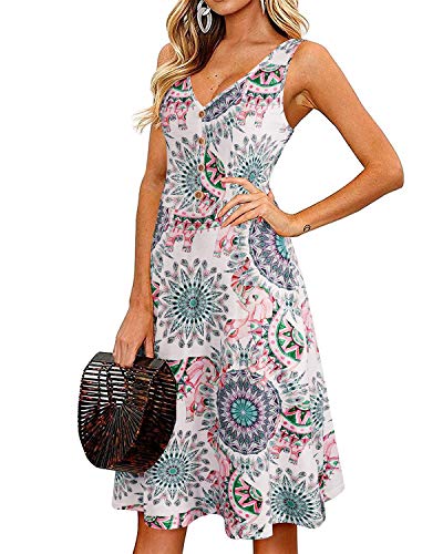II ININ Sommerkleid Damen Knielang Strandkleid Sommer Midi A Linie Blumen Kleid Freizeitkleid mit Taschen(Floral 5,X-Groß)