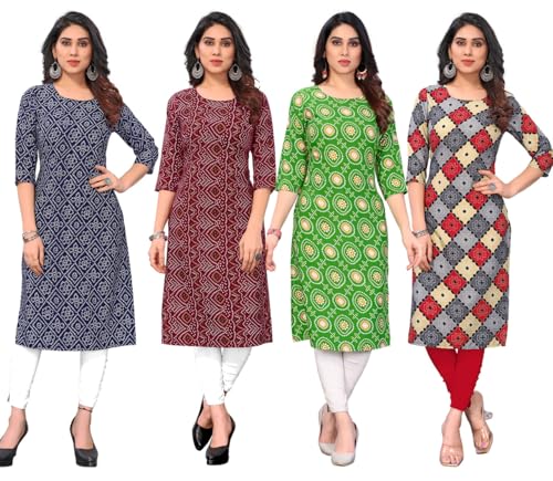 Image of JAKHANA Women's Crepe Printed Casual Straight Calf Length Round Nick Kurta Pack of 4