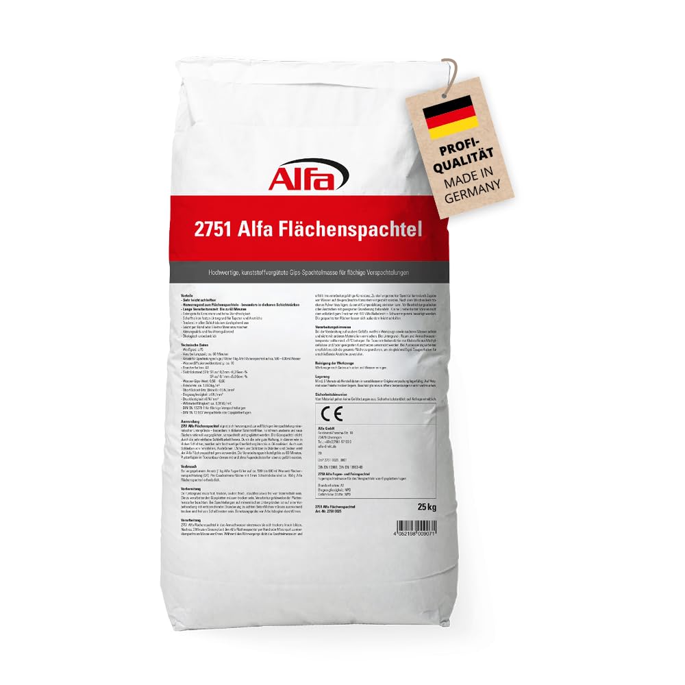 Alfa Flächenspachtel 25 kg – Spachtel-Masse zum Spachteln & Glätten | Profi-Qualität - Zum Spachteln und Glätten von Putz, Mauerwerk etc. - Optimal zum Flächenspachteln - Atmungsaktiv