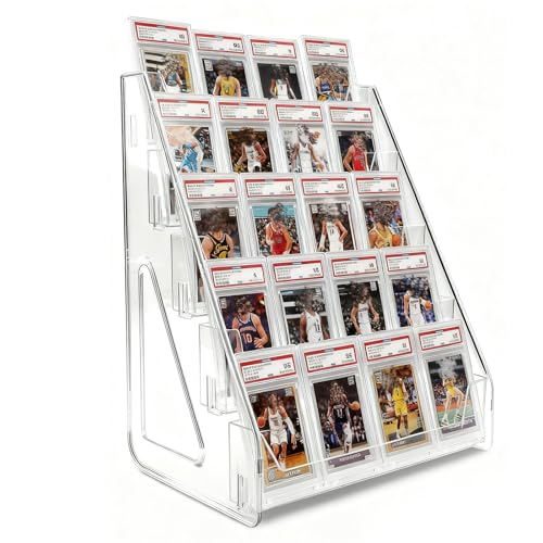 Oncpcare Large 5-Tier Trading Card Display Stand Transparent Vertical Shelf Rack for Collectible Card Slabs Toploaders Postcards and Desk Organisation