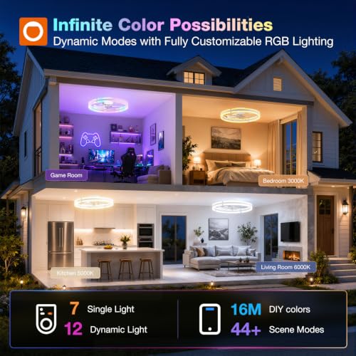 Image of addlon 24'' RGB Low Profile Ceiling Fans with Lights, App /Remote, White | Flush Mount Fandelier, 3CCT Dimmable LED, Bluetooth App /Remote, Timer, Memory, Reversible DC Motor, Bedroom /Kids room