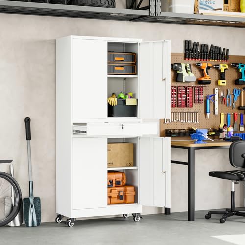 Image of Yizosh Metal Garage Storage Cabinet with Locking Doors and Adjustable Shelves, 73 inch Rolling Tool Storage Cabinet with 4 Wheels and 1 Drawer for Garage,Warehouse