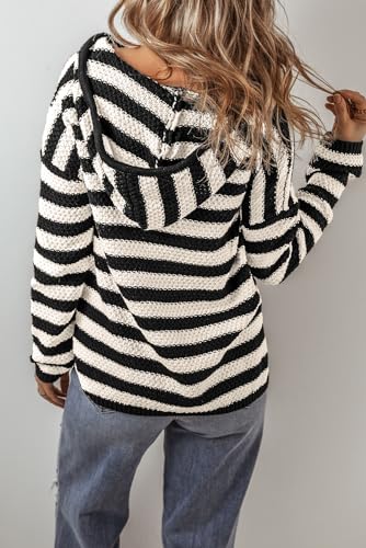 Women's White Stripe V Neck Pocketed Drawstring Hooded Sweater - Cozy Casual Style2