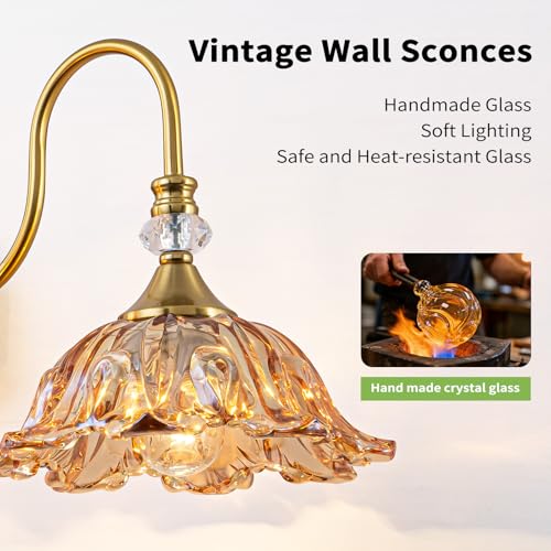 Image of Vintage Gold Bathroom Vanity Light, 3-Lights Matte Antique Brass Finish with Flower Shaped Amber Glass Shades Light Fixture for Bathroom, Hallway