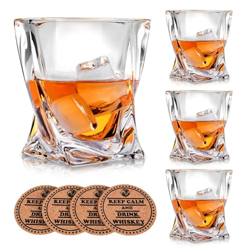 VACI GLASS Crystal Whiskey Glasses - Set of 4 - with 4 Drink Coasters, Crystal Scotch Glass, Malt or Bourbon, Glassware Set
