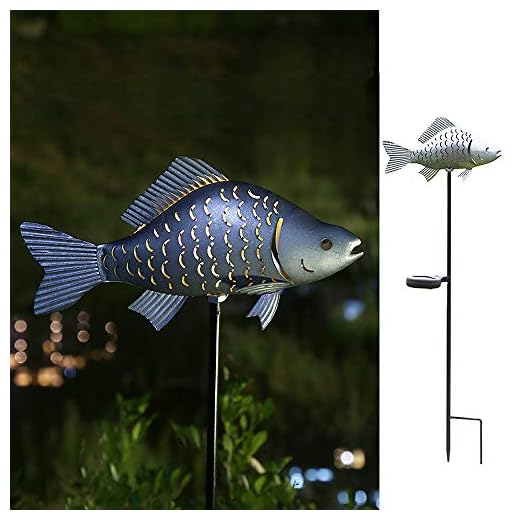 Kaixoxin Solar Garden Lights Metal Fish Decorative Stake for Outdoor Patio Yard Decorations,Warm White LED Solar Path Lights (Silver-1)