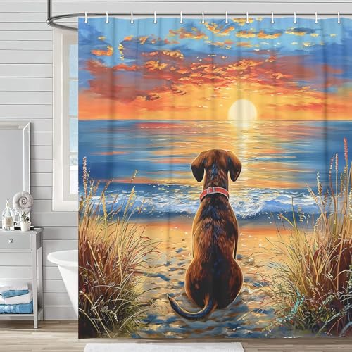 Image of Funny Dog Shower Curtain, Hilarious Dog on Sunset Sunrise Beach Seascape Art Shower Curtain Set, Nautical Ocean Bath Accessories Coastal Seaside Bathroom Decor with 12PCS Hooks, 70X70IN