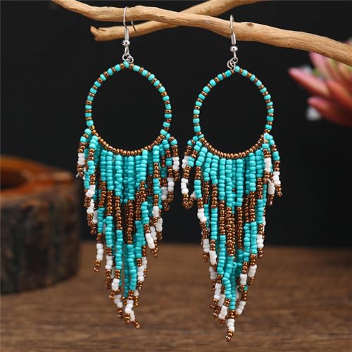 Boho Long Fringe Drop Dangle Statement Earrings for Women Girls Hademade Ball Beads Hoop Tassel Chain Woven Dangling Hook Chandelier Tribal Exaggerated Dream-catcher Jewelry3