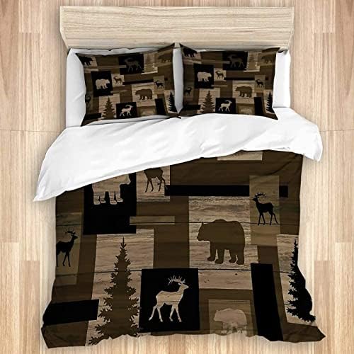 Cabin Rustic Wood Lodge Bear Moose and Pine Trees Vintage Cabin Deer Elk Duvet Cover, Decorative 3 Piece Bedding Set, Soft Microfiber Bedding Comforter Cover with 2 Pillow Shams (Queen 90" X 90")