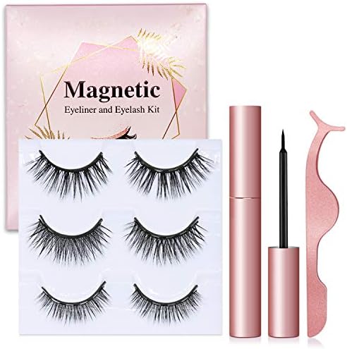 3D Magnetic Eyeliner and Eyelashes Kit, Reusable, 3 Pairs with Tweezers, Magnetic Eyelashes, Magnetic Eyeliner