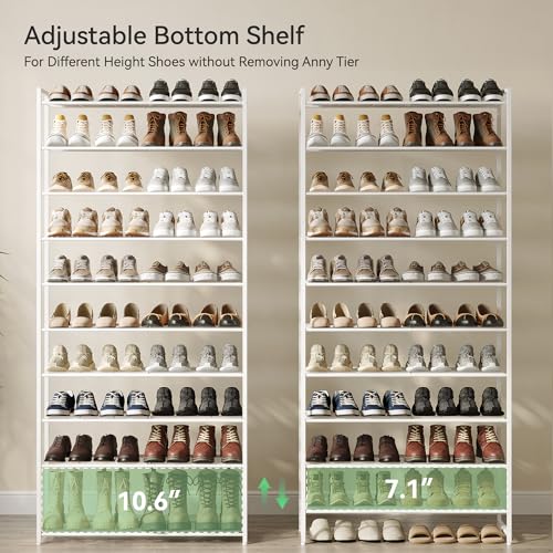 Image of Nunsino Shoe Rack for Closet, Metal Shoe Organizer, 10 Tier Garage Shoe Rack Max Holds 50 Pairs,Shoe Storage Shelf,Entryway,White